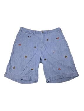 Polo Ralph Lauren Blue Embroidered Americana Symbols Soft Denim Shorts - Mens 35